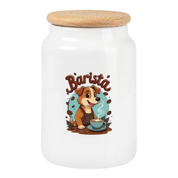 Barista Dog Coffee Art - Cookie Jar with Wooden Lid - white - Front