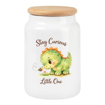 Stay Curious Little One – Aquarell Dino & Biene - Keksdose mit Holzdeckel - Weiß - Vorne