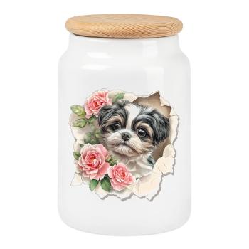 Shih Tzu - Boîte à biscuits avec couvercle en bois - blanc - Devant