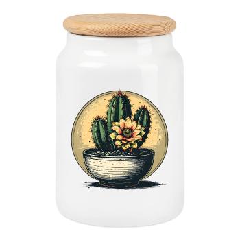 Kaktusblüte im Topf – Vintage Kreis - Keksdose mit Holzdeckel - Weiß - Vorne