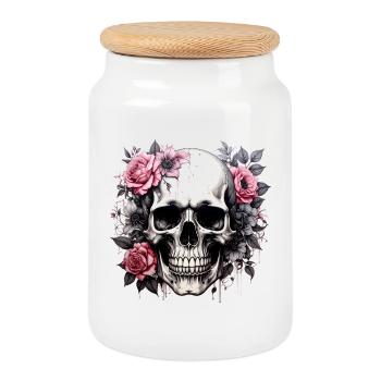 Skull with flower crown - Cookie Jar with Wooden Lid - white - Front