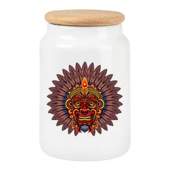 Masque tribal puissant du guerrier aztèque - Boîte à biscuits avec couvercle en bois - blanc - Devant
