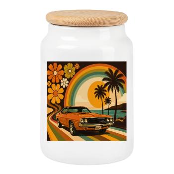 Sunset Highway 1970s Retro Car - Cookie Jar with Wooden Lid - white - Front