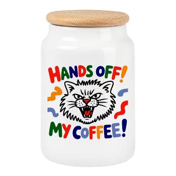 Avertissement pour chat au café : Pas touche ! - Boîte à biscuits avec couvercle en bois - blanc - Devant