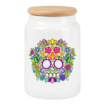 Calavera florale de crâne de sucre Jour des morts - Boîte à biscuits avec couvercle en bois - blanc - Devant