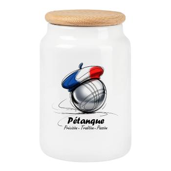 Boule de Pétanque Française en Béret Tricolore - Boîte à biscuits avec couvercle en bois - blanc - Devant