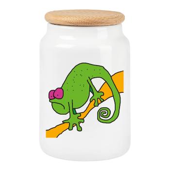 Chamaeleon on a branch – colorful pop illustration - Cookie Jar with Wooden Lid - white - Front