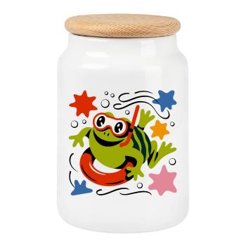 Cool Diving Frog - Cookie Jar with Wooden Lid - white - Front
