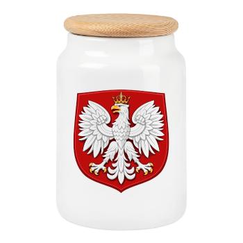 T-shirt Pologne – Aigle blanc avec couronne - Boîte à biscuits avec couvercle en bois - blanc - Devant
