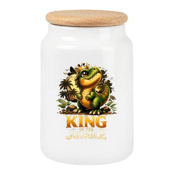 T-Rex King of the Jungle – Stolzer Dino Shirt - Keksdose mit Holzdeckel - Weiß - Vorne