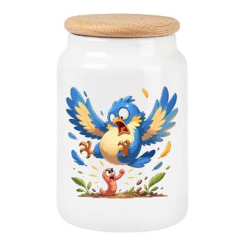 Colorful bird against worm - Cookie Jar with Wooden Lid - white - Front