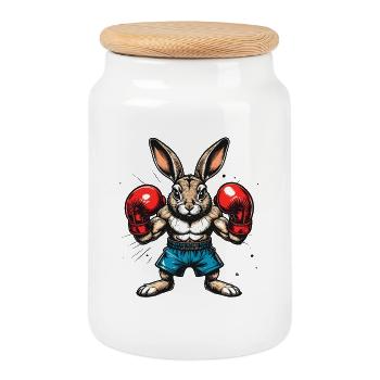 Boxender Hase mit Boxhandschuhen - Keksdose mit Holzdeckel - Weiß - Vorne