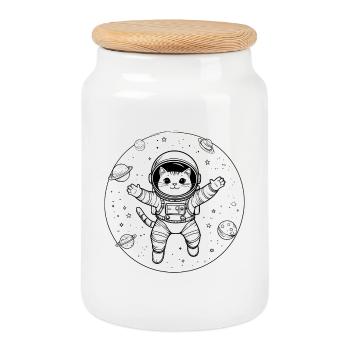 Katzen-Astronaut im Weltraum - Keksdose mit Holzdeckel - Weiß - Vorne