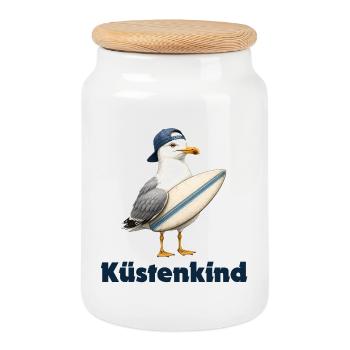 Küstenkind Surfvogel-Design - Keksdose mit Holzdeckel - Weiß - Vorne