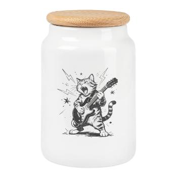 Heavy Metal Cat with Electric Guitar - Cat Rock - Cookie Jar with Wooden Lid - white - Front
