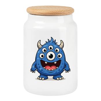 Blue monster with many eyes - Cookie Jar with Wooden Lid - white - Front