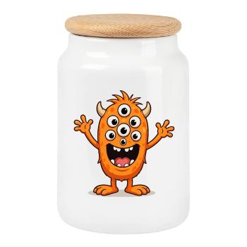 Orange monster with many eyes - Cookie Jar with Wooden Lid - white - Front
