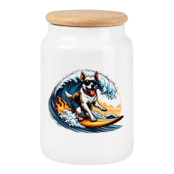 Hund als Wellenreiter auf einem Surfbrett - Keksdose mit Holzdeckel - Weiß - Vorne
