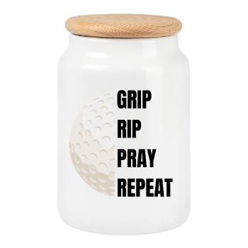 Grip Rip Pray Repeat – Golfslogan - Keksdose mit Holzdeckel - Weiß - Vorne