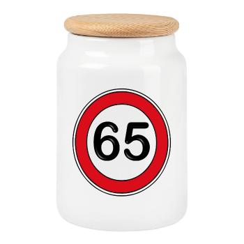 65.Birthday , 65 years - Cookie Jar with Wooden Lid - white - Front