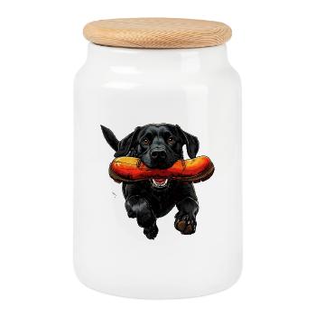 Chien avec hot-dog – Style dessin animé - Boîte à biscuits avec couvercle en bois - blanc - Devant