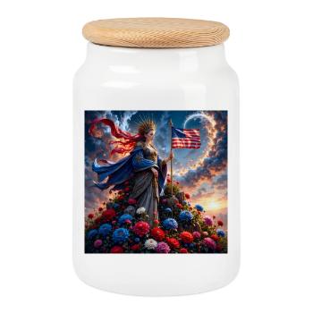 Floral goddess with American flag - Cookie Jar with Wooden Lid - white - Front
