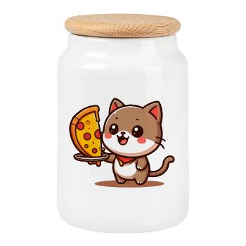 Kitten Pizza Joy - Cookie Jar with Wooden Lid - white - Front