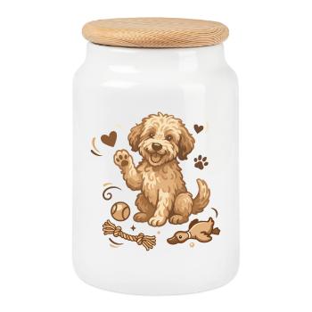 Doodle puppy with toys - Cookie Jar with Wooden Lid - white - Front