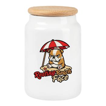 Drôle d’été de bouledogue sur le visage de plage - Boîte à biscuits avec couvercle en bois - blanc - Devant