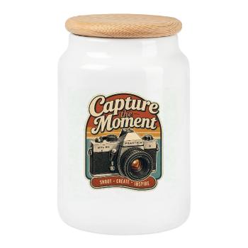 Vintage-Momentaufnahme-Kamera - Keksdose mit Holzdeckel - Weiß - Vorne