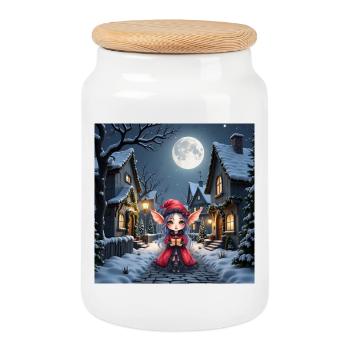 Lunar Christmas Elf with Gift - Cookie Jar with Wooden Lid - white - Front