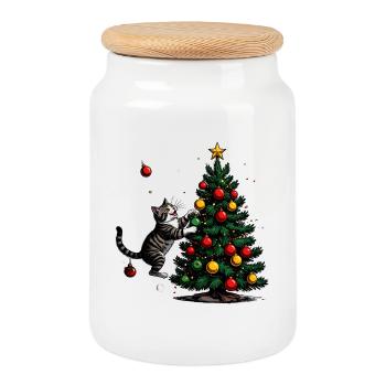 Katzenfreund am Weihnachtsbaum - Keksdose mit Holzdeckel - Weiß - Vorne