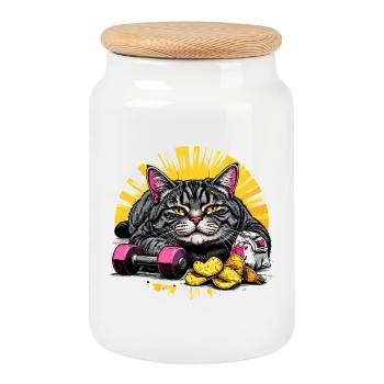 Chat paresseux avec des chips et des haltères - Boîte à biscuits avec couvercle en bois - blanc - Devant