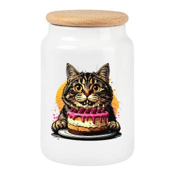 Cat Birthday Cake Party - Cookie Jar with Wooden Lid - white - Front