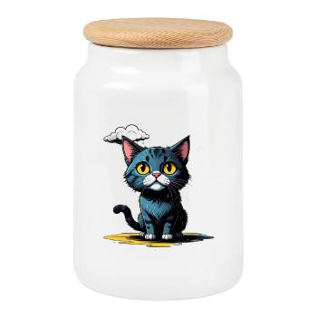 Cat under a rain cloud - Cookie Jar with Wooden Lid - white - Front