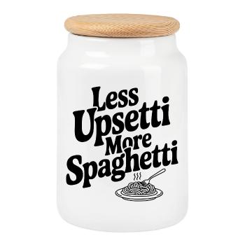 Weniger Upsetti Mehr Spaghetti - Keksdose mit Holzdeckel - Weiß - Vorne