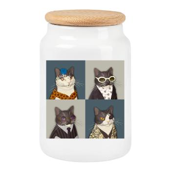 Quatuor de chats Rebel Chic Tuxedo - Boîte à biscuits avec couvercle en bois - blanc - Devant
