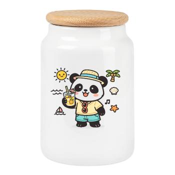 Panda d’été sur la plage - Boîte à biscuits avec couvercle en bois - blanc - Devant