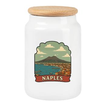 Naples Mount Vesuvius Retro Travel Sticker Badge - Cookie Jar with Wooden Lid - white - Front