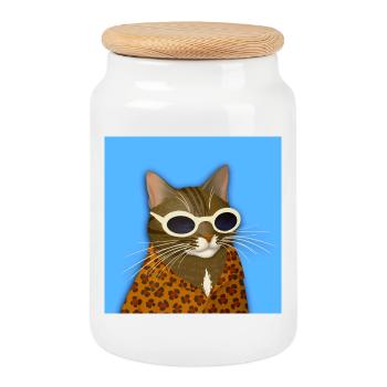 Chat tigré en imprimé léopard - Boîte à biscuits avec couvercle en bois - blanc - Devant