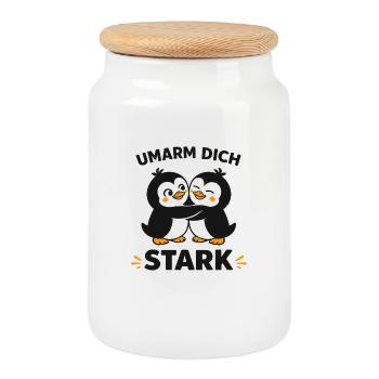 Umarm dich stark – Pinguin-Motiv - Keksdose mit Holzdeckel - Weiß - Vorne