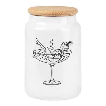 Flapper Girl in Coupe Glass Line Art Design - Cookie Jar with Wooden Lid - white - Front