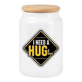 I Need A Hug Huge Garage Lustiger Schrauber Spruch - Keksdose mit Holzdeckel - Weiß - Vorne