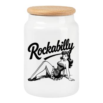 Rockabilly Frau Pin Up Schwarz-Weiß Design - Keksdose mit Holzdeckel - Weiß - Vorne