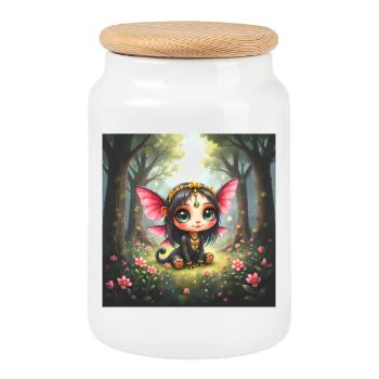 Fée chibi aux ailes de papillon dans la forêt - Boîte à biscuits avec couvercle en bois - blanc - Devant