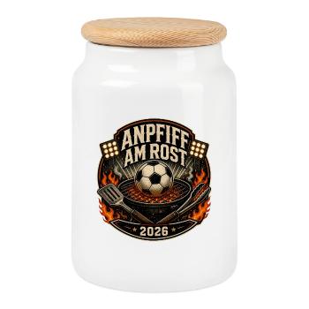 Anpfiff am Rost 2026 Fußball Grillen BBQ Shirt - Keksdose mit Holzdeckel - Weiß - Vorne