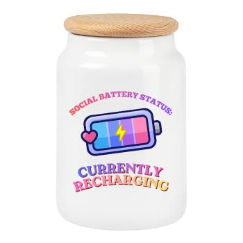 Social Battery Status: Recharging - Cookie Jar with Wooden Lid - white - Front