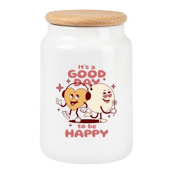 Bonne journée pour être heureux - Boîte à biscuits avec couvercle en bois - blanc - Devant