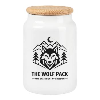 Wolfpack Emblem: Geometrisches JGA Wolf Shirt - Keksdose mit Holzdeckel - Weiß - Vorne