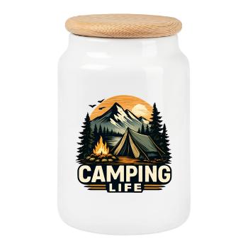 Camping Life Mountain Adventure Design - Keksdose mit Holzdeckel - Weiß - Vorne